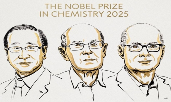 Ba nhà khoa học Susumu Kitagawa, Richard Robson và Omar M. Yaghi là chủ nhân giải Nobel Hóa học 2025. Ảnh: Nobel Prize