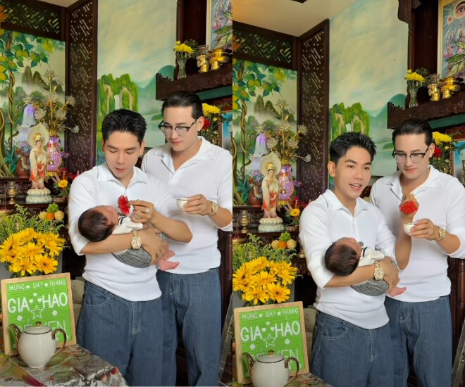 Thanh Đoàn và Hà Trí Quang khoe khoảnh khắc bế “thiên thần nhỏ”.