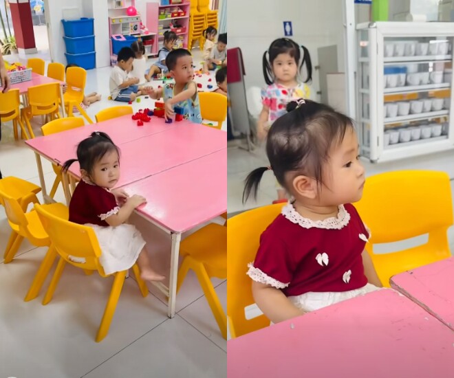 Thanh Trúc cho ái nữ đầu lòng đi học mẫu giáo, nhóc tì cực ngoan ngoãn và dạn dĩ.