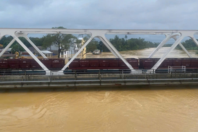 Đoàn tàu hàng trên cầu Dã Viên. Ảnh: VNR