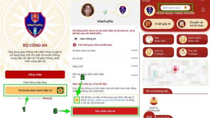 Các bước để định danh mức 2 trên ứng dụng VNeTraffic: 1. Đăng nhập VNeTraffic bằng VNeID, 2. Tick vào dấu đã đọc và hiểu, 3. Nhấn xác nhận chia sẻ, trang chính của ứng dụng sẽ xuất hiện Định danh mức 2 ở trên đầu nếu liên kết thành công. Ảnh chụp màn hình
