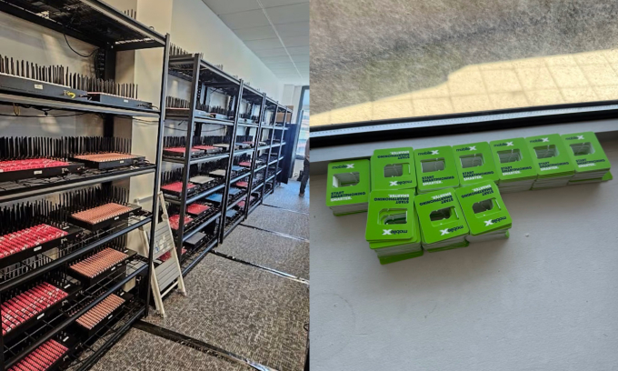 Một căn phòng chứa đầy thiết bị gắn sim và nhiều thẻ đã bị lấy sim. Ảnh: USSS