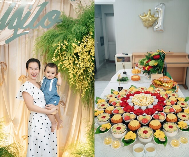 Võ Hạ Trâm làm tiệc thôi nôi ấm cúng cho con trai, lựa chọn tông màu chủ đạo là vàng, xanh.