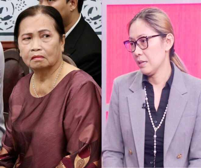 Mẹ ruột Đức Tiến (trái) có mặt tại phiên tòa xét xử tranh chấp thừa kế tài sản với con dâu Bình Phương - vợ Đức Tiến (phải).