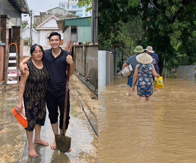 MC Vũ Hồng Sơn chia sẻ hình ảnh mẹ anh cùng mọi người ở quê chạy lũ.