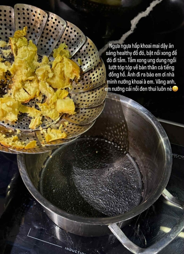 Khoai lang healthy của Đỗ Hà, phía trên vẫn còn ăn được nhưng nồi thì không còn lành lặn! Chiếc xửng hấp bị khoai bám chặt, phía dưới là nồi cháy đen sì như vừa qua một trận hỏa hoạn. Hậu quả từ một phút chill chill sau khi bật bếp khiến chính chủ cũng phải bó tay với sự mất não của mình.