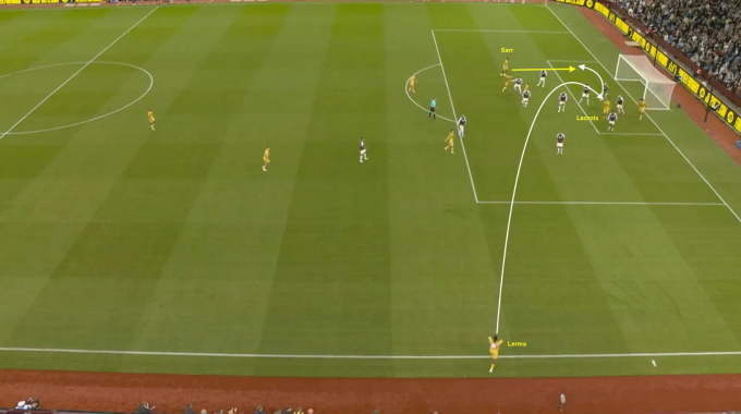 Tình huống ném biên dài của Jefferson Lerma dẫn đến bàn thắng của Ismaila Sarr cho Crystal Palace. Ảnh: Premier League