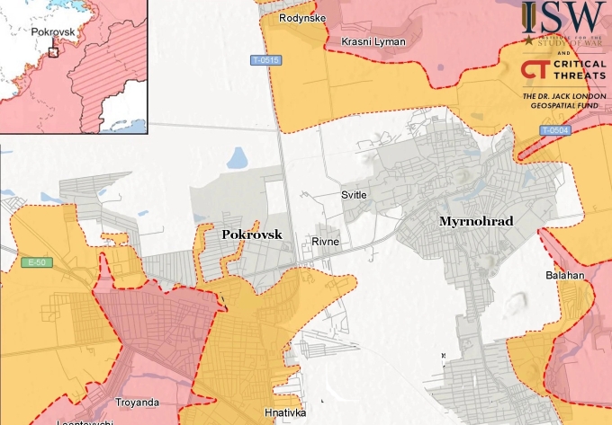 Cục diện chiến sự quanh Pokrovsk và Mirnograd (Myrnohrad) tính đến ngày 30/10. Đồ họa: ISW