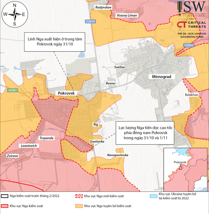 Cục diện chiến sự tại mặt trận Pokrovsk tính đến ngày 1/11. Đồ họa: ISW