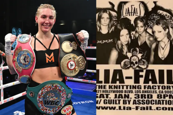 Bên trái là ảnh Mikaela Mayer chụp với ba đai WBA, WBC và WBO hạng super-welterweight. Bên phải là tấm áp phích của ban nhạc nơi cô chơi bass. Ảnh: Lapresse
