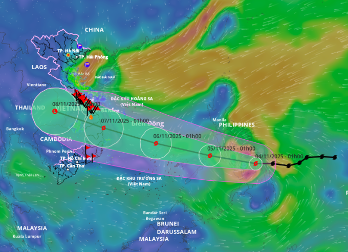 Dự báo hướng đi và vùng ảnh hưởng của bão Kalmaegi, sáng 4/11. Ảnh: Hệ thống giám sát thiên tai