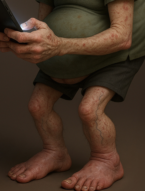 Sam không chỉ bị gù lưng, bụng to, da còn xỉn màu, giãn tĩnh mạch, chân bị phù... do lười vận động. Ảnh: WeWard