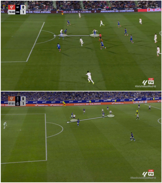 Hai pha kiến tạo bằng những đường chuyền xuyên tuyến của Guler cho Mbappe trước Getafe (ảnh trên) và Oviedo (ảnh dưới).