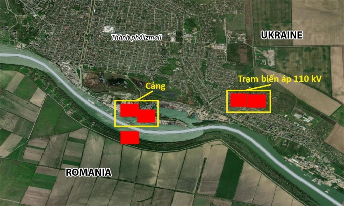 Các đám cháy tại thành phố Izmail, tỉnh Odessa sau vụ tập kích ngày 4/11. Đồ họa: NASA