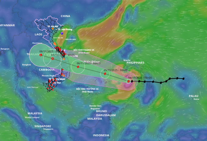 Dự báo đường đi và khu vực ảnh hưởng của bão lúc 16h ngày 4/11. Ảnh: Hệ thống giám sát thiên tai Việt Nam