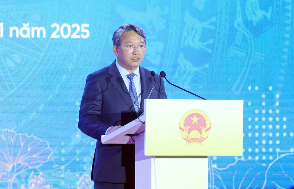 Bộ trưởng Bộ Tư pháp Nguyễn Hải Ninh phát biểu tại buổi lễ. Ảnh: Hoàng Huy Nguyễn Hải Ninh ngày pháp luật.jpg