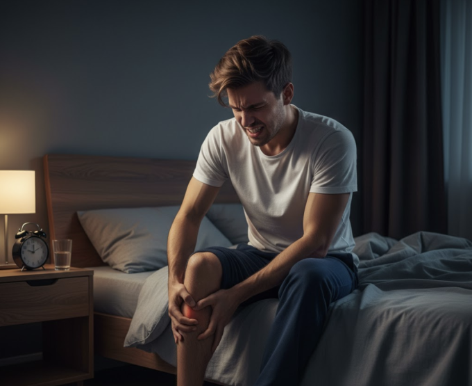 Minh hoạ một người bị chuột rút về đêm. Ảnh tạo bởi AI