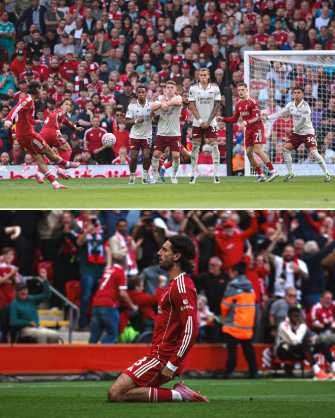 Dominik Szoboszlai lập siêu phẩm sút phạt rồi trượt cỏ ăn mừng trong trận Liverpool thắng Arsenal 1-0 ở vòng ba Ngoại hạng Anh trên sân Anfield, Liverpool, Merseyside, Anh ngày 31/8/2025. Ảnh: Premier League