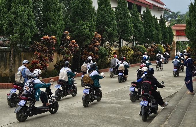 394/561 học sinh trường THCS Ngọc Lập đi xe đạp điện. Ảnh: Trường THCS Ngọc Lập