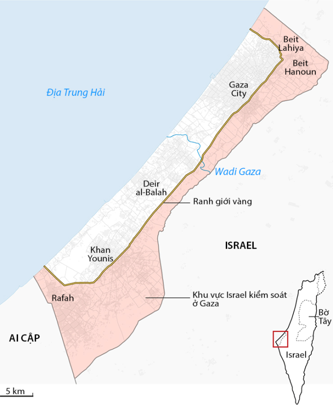 Vị trí ranh giới vàng Israel thiết lập theo thỏa thuận giai đoạn một. Đồ họa: Guardian