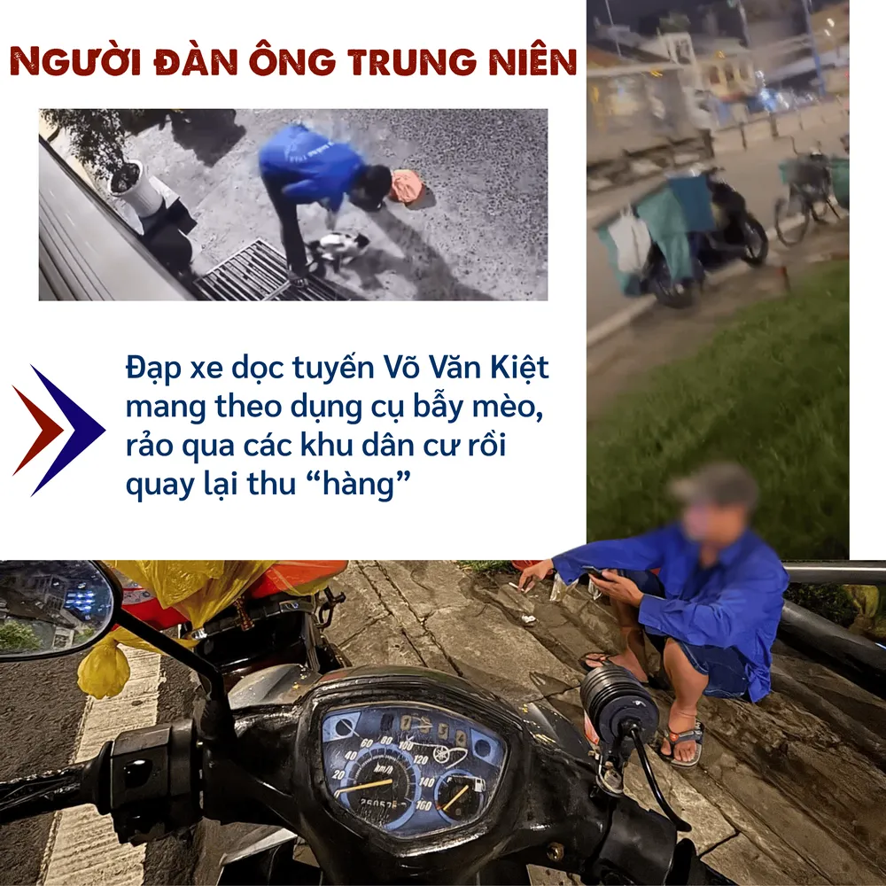 ẢNH GHÉP 5 - Người đàn ông trung niên thường xuyên đạp xe dọc tuyến Võ Văn Kiệt mang theo dụng cụ bẫy mèo, rảo qua các khu dân cư rồi quay lại thu “hàng”.png