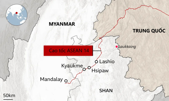 Vùng Laukkaing (chấm đỏ) nằm ở biên giới Myanmar, giáp Trung Quốc. Đồ họa: BBC
