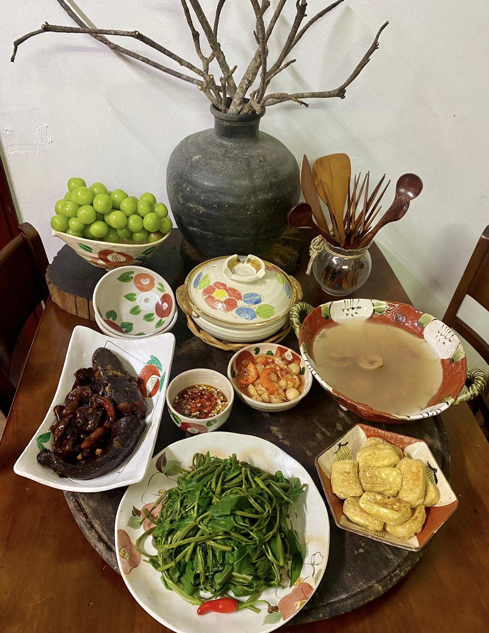 Cá quả kho quả chay - Rau muống luộc dầm quả chay - Đậu mơ chiên giòn - Cà pháo dầm mắm