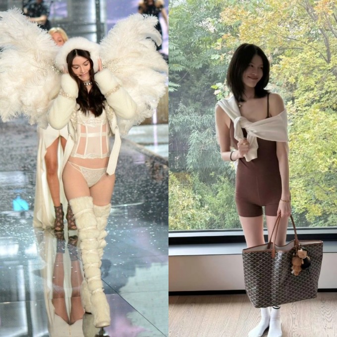Hà Tuệ trên sân khấu Victoria's Secret năm 2015 (ảnh trái) và hiện tại (ảnh phải).
