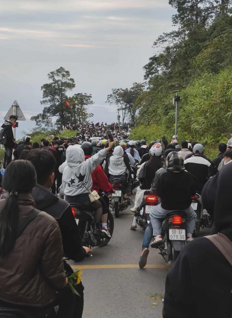 Nhiều người nhích từng chút trên đường dẫn vào Vườn quốc gia Ba Vì sáng 16/11. Ảnh: NVCC