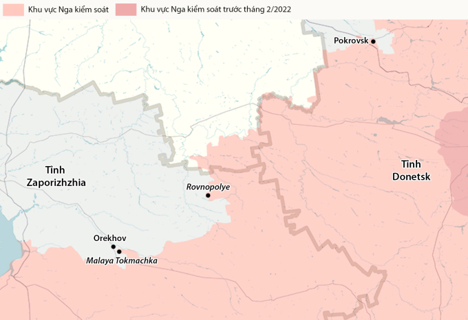 Vị trí khu dân cư Malaya Tokmachka và Rovnopolye, tỉnh Zaporizhzhia. Đồ họa: RYV