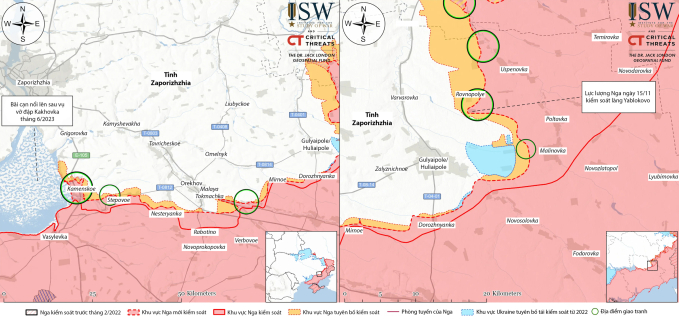 Cục diện chiến sự tại tỉnh Zaporizhzhia tính tới ngày 18/11. Đồ họa: ISW