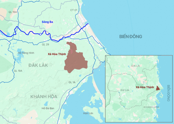 Xã Hòa Thịnh nằm ở hạ lưu lưu vực sông Ba trước khi đổ ra biển. Đồ họa: Hoàng Thanh