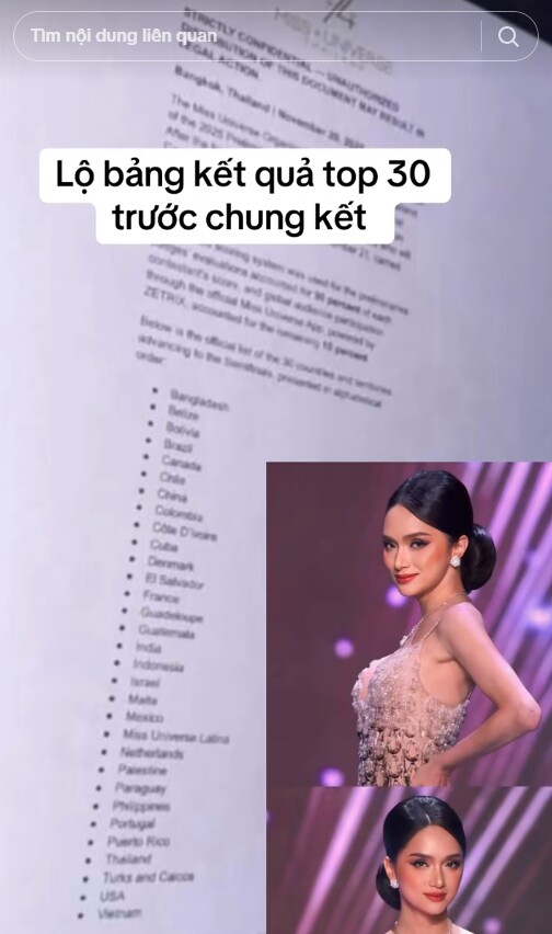 Lộ bảng điểm Top 30 Miss Universe trên mạng xã hội? Thứ hạng của Hương Giang gây bất ngờ 2 Trước đêm chung kết, hình ảnh được cho là danh sách Top 30 cũng bất ngờ xuất hiện.