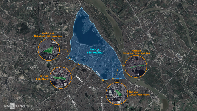 Vị trí 4 trạm sạc theo đề xuất của Công ty Khai thác điểm đỗ xe Hà Nội. Đồ họa: Đỗ Nam