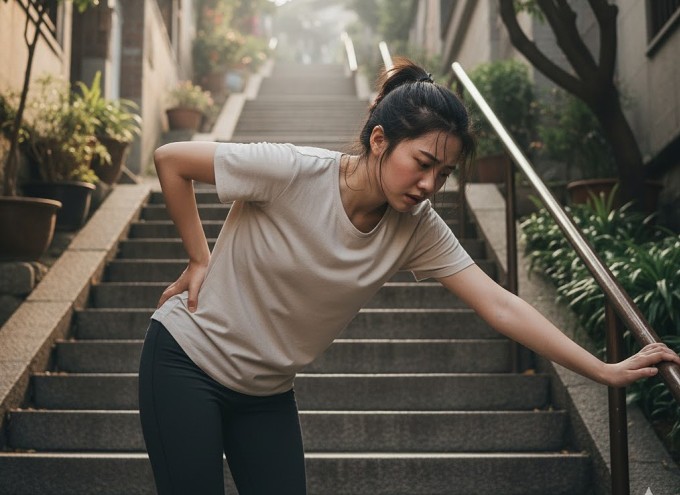 Mệt mỏi khi đi bộ cầu thang cũng có thể báo hiệu gan tổn thương. Ảnh được tạo bởi AI