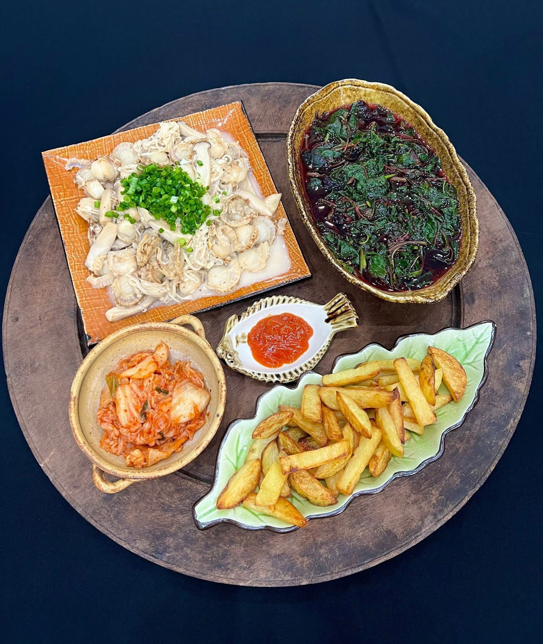 Sò điệp xào nấm - Khoai tây chiên - Canh rau dền