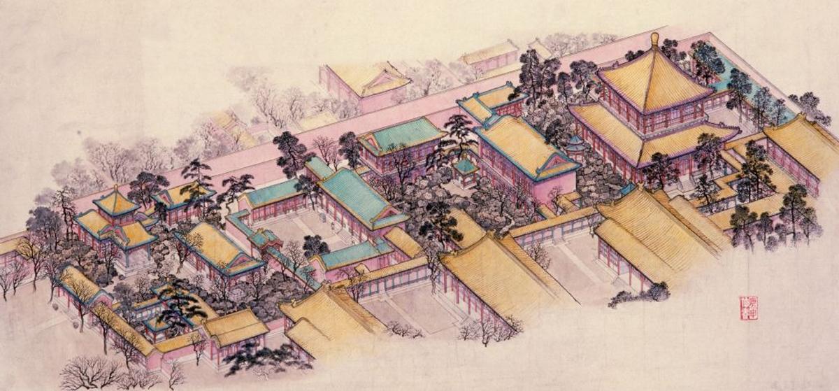 Vườn Càn Long có bố cục bốn sân. Hình ảnh là sơ đồ tổng quan toàn cảnh khu vườn. Ảnh: The Palace Museum