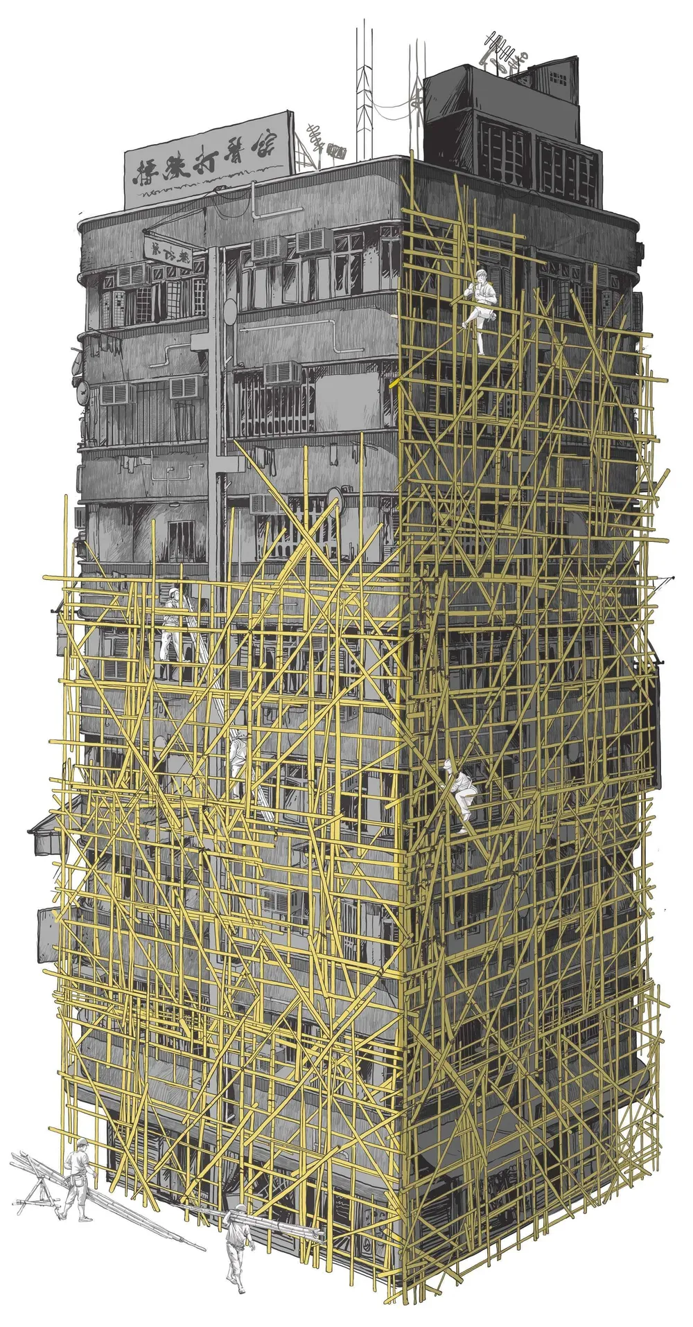 Ảnh minh hoạ về sử dụng giàn giáo tre trong xây dựng. Ảnh: SOUTH CHINA MORNING POST Lịch sử của giàn giáo tre và lý do Hong Kong vẫn dùng giàn giáo tre trong xây dựng?