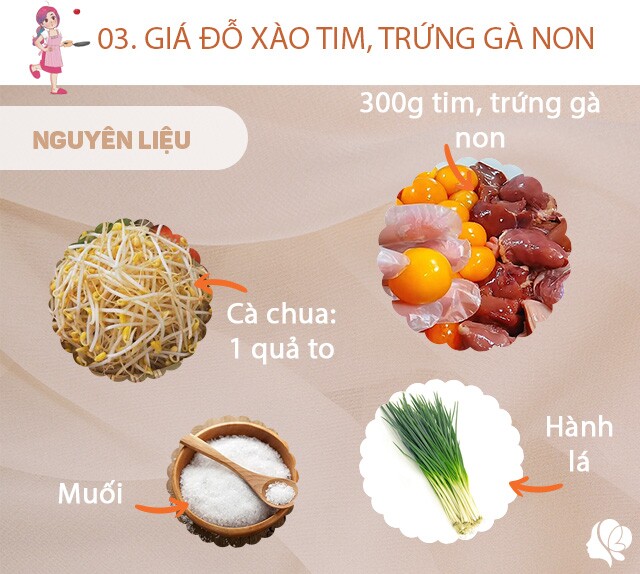 Chuẩn bị: 300g tim gà và trứng gà non, 400g giá đỗ, hành lá, muối, hành phô, 1/2 quả ớt sừng.