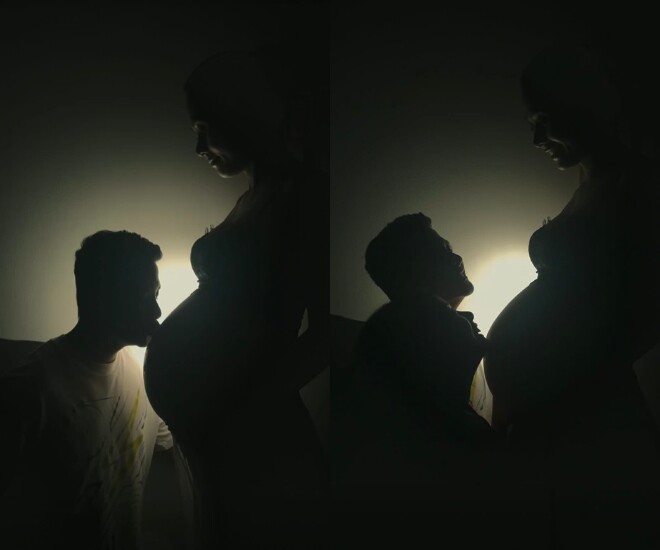 Nữ diễn viên khoe khoảnh khắc hạnh phúc khi được chồng và con gái hôn bụng bầu.