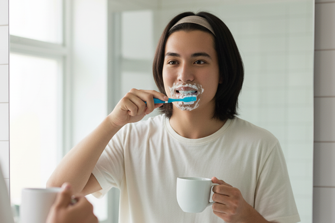 Nên tập trung cảm nhận lông bàn chải và đánh răng một cách chánh niệm, không vừa đánh vừa lướt điện thoại. Ảnh tạo bởi AI