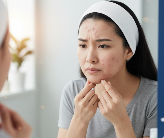 Nặn mụn không đúng cách khiến da dễ bị lão hóa. Ảnh được tạo bởi AI