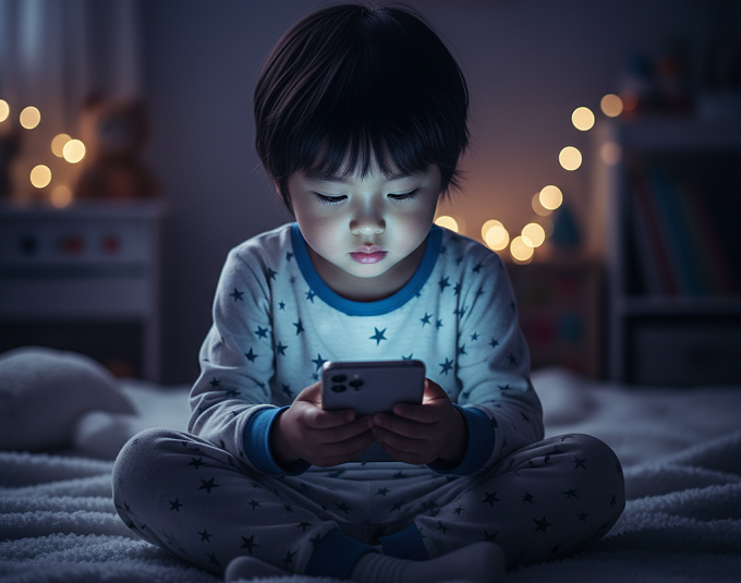 Trẻ em có nguy cơ tổn thương võng mạc nếu tiếp xúc nhiều với ánh sáng xanh. Ảnh được tạo bởi AI