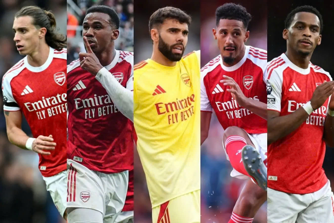 Nhóm ngũ hổ tướng của Arsenal ở hàng thủ. Từ trái qua: Calafiori, Magalhaes, Raya, Saliba và Timber. Ảnh: Marca