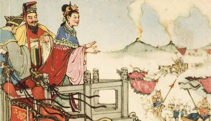 Tranh minh họa Chu U Vương và Bao tự đứng trên đài cao, thích thú khi nhìn cảnh chư hầu đem quân tới ứng cứu vì báo động giả. Ảnh: Sina