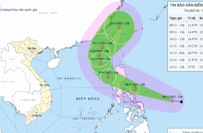 Dự báo hướng đi và vùng ảnh hưởng bão Fung - Wong, ngày 8/11. Ảnh: NCHMF