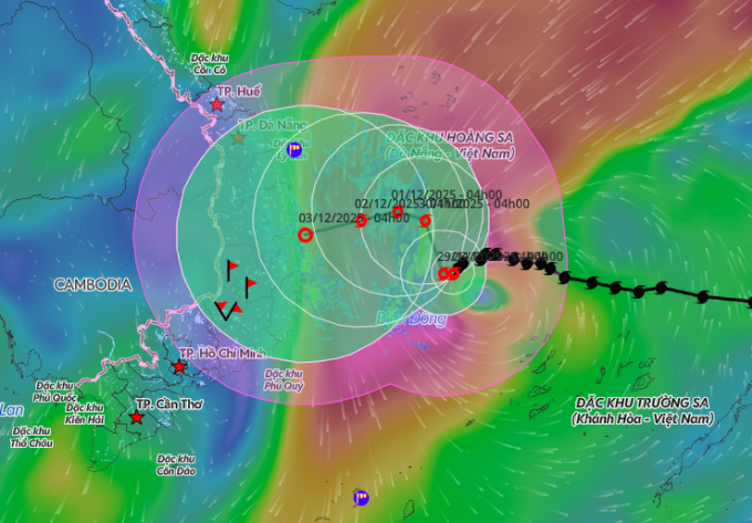 Dự báo hướng đi và vùng ảnh hưởng của bão Koto, sáng 28/11. Ảnh: Hệ thống giám sát thiên tai
