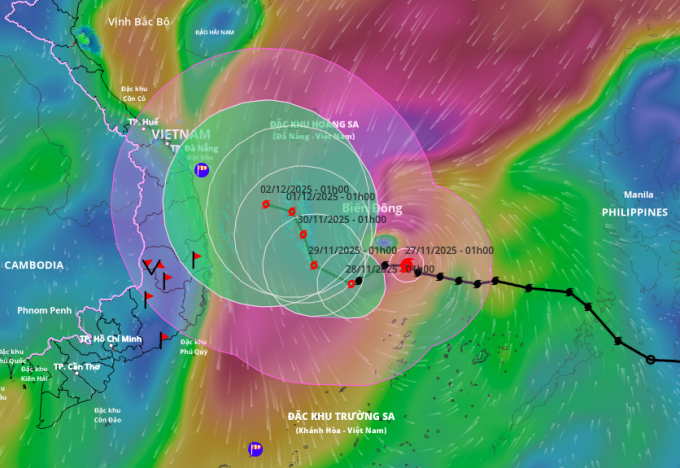 Dự báo hướng đi và vùng ảnh hưởng của bão. Ảnh: Hệ thống giám sát thiên tai