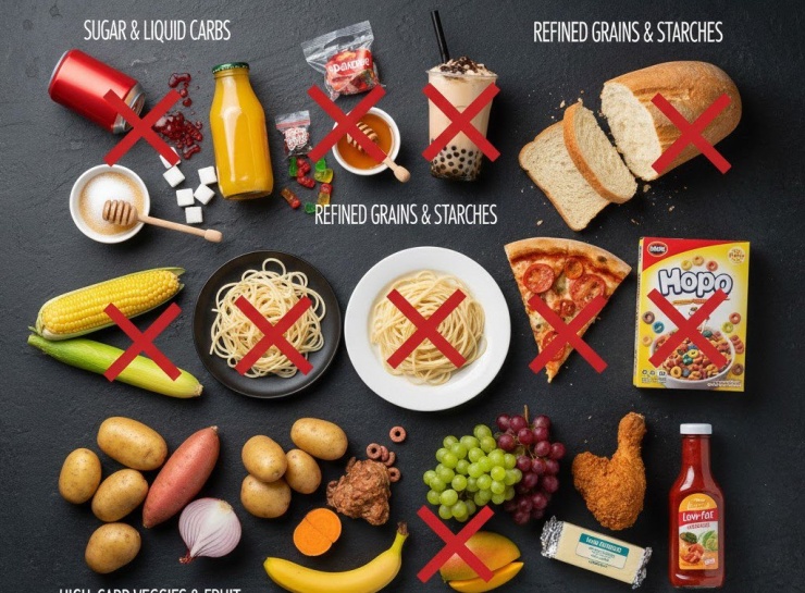 Một số thực phẩm cần kiêng tuyệt đối khi đang thực hiện chế độ ăn low carb nghiêm ngặt.