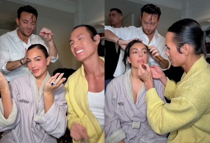 Georgina Rodriguez được makeup artist Patrick Ta (áo vàng) chăm chút ngoại hình cho dịp dự tiệc cùng Tổng thống Trump.